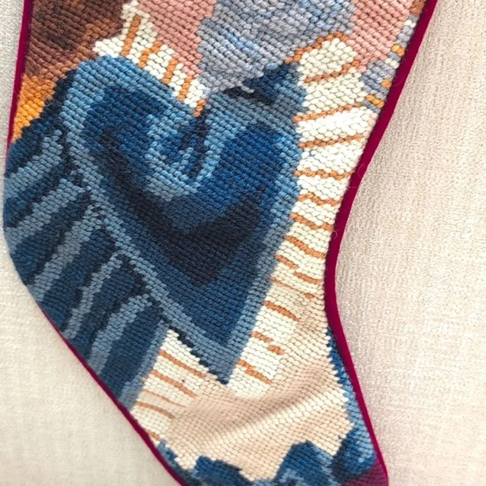 Handmade Wool Needlepoint Angel Christmas Stocking Cotton Velvet Backing Vintage